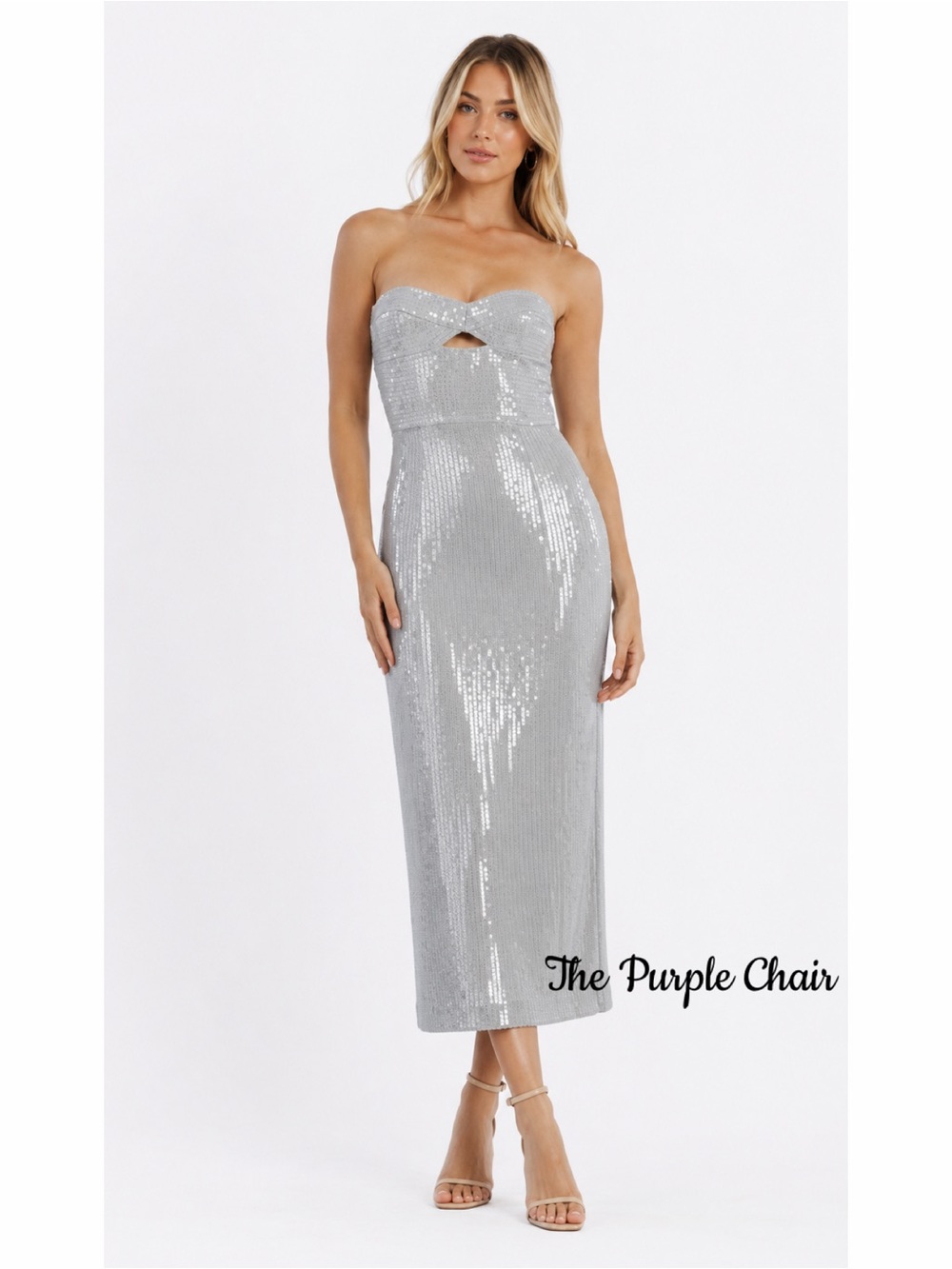BARDOT NWT Cerise Sequin Strapless Midi Dress *Dove Grey 2